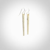 Hand carved medium whalebone drop earrings hand made by Kristal Thompson. One only large whale bone drop earrings. Real whale bone art to wear. Free Shipping worldwide. One pair only, delivered in a kete pouch.